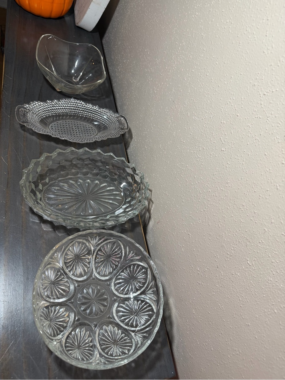 Vintage Clear Pressed Glass Serving Bowls & Dishes Lot of 4 Starburst Pattern